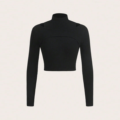 Slim Fit Ribbed Crop Top with Mock Neck and Cut-Out Detail