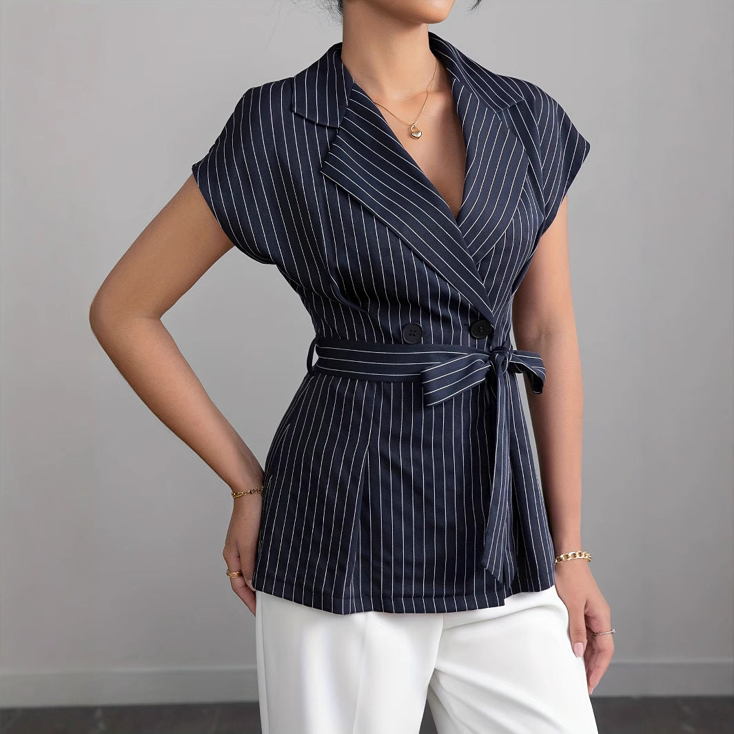 Pinstriped Blazer Top with Lapel Collar and Tie Waist