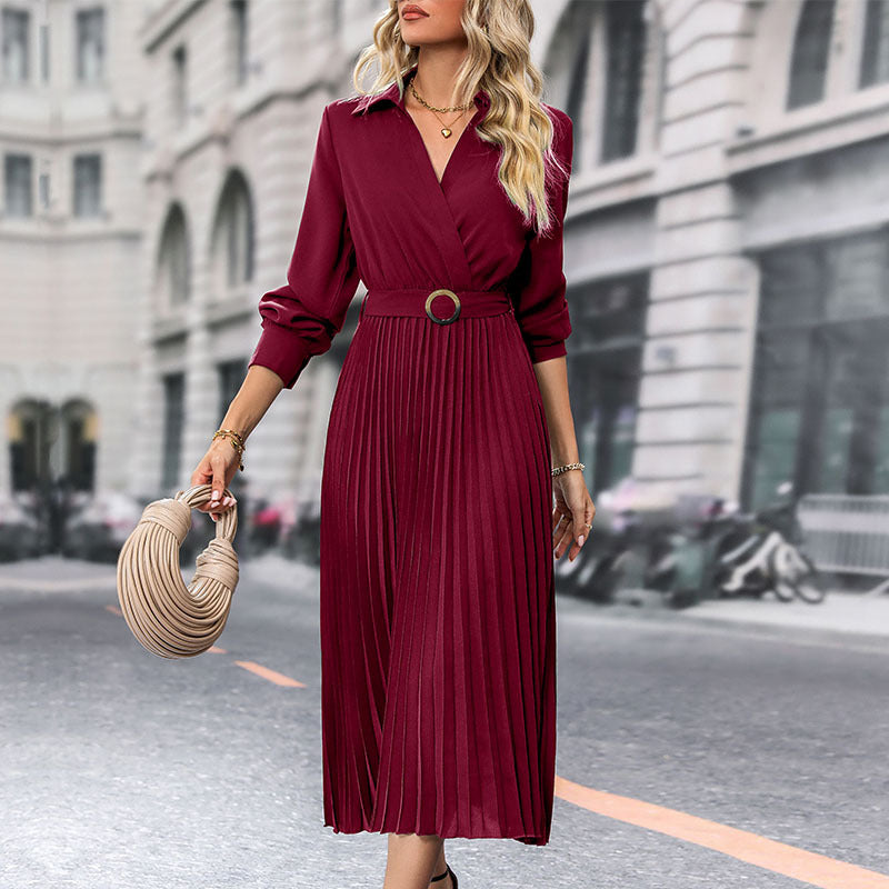 Solid Wrap Midi Dress with Lapel V-Neck and Pleated Skirt