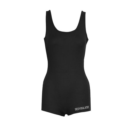 Bodycon Ribbed Knit Romper with Square Neck and Letter Print