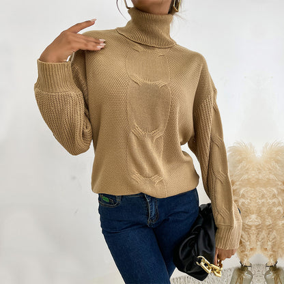 Solid Loose Fit Sweater with Turtleneck and Cable Knit