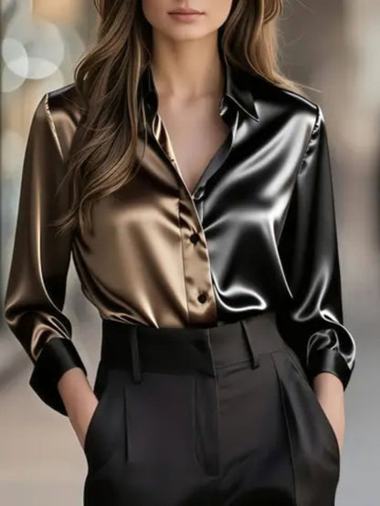 Two-Tone Satin Button-Down Shirt with Lapel Collar