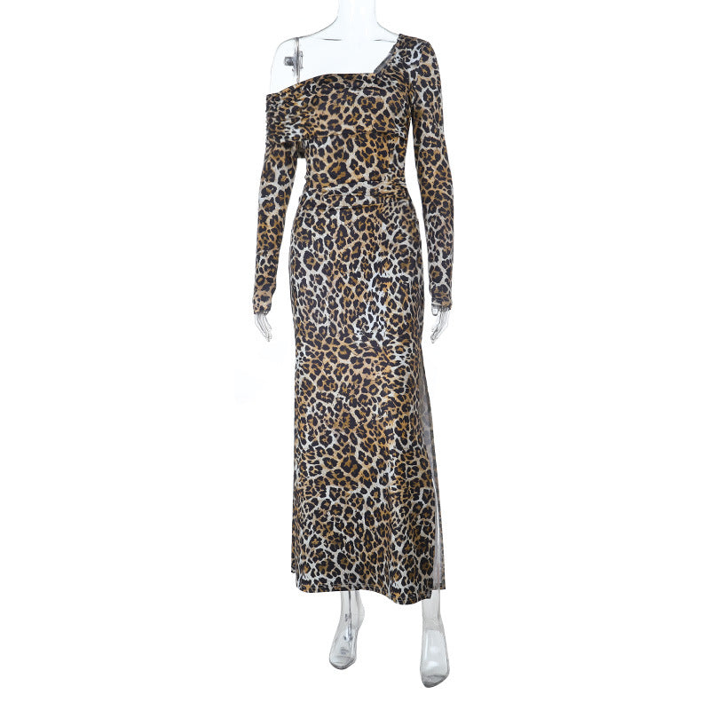 Leopard Print Bodycon Maxi Dress with Square Neck and High Slit