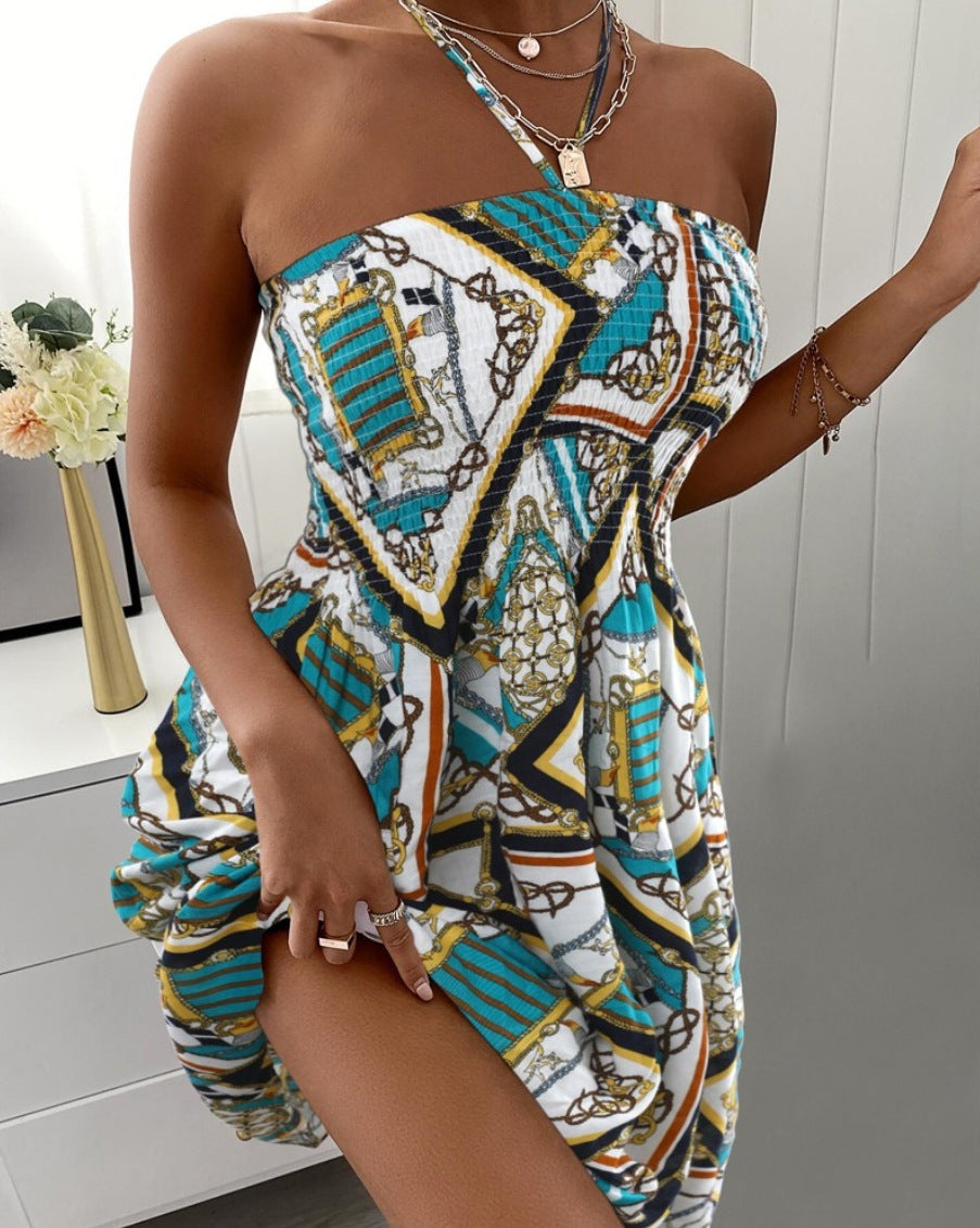 Floral Print Midi Dress with Halter Neck and Smocked Bodice