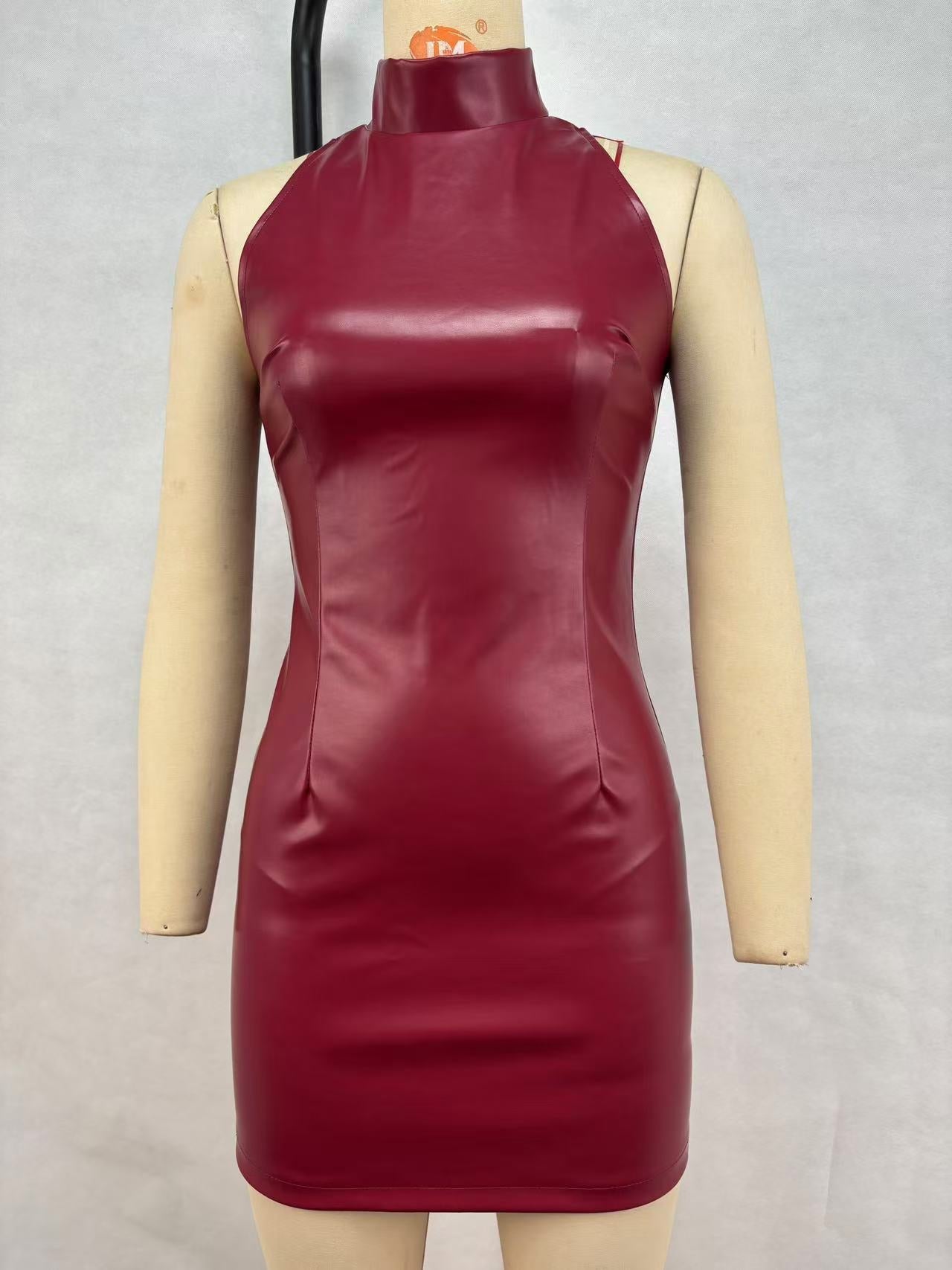 Bodycon PU Leather Mini Dress with Half Turtleneck