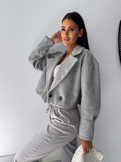 Cropped Jacket with Suit Collar and Double-Breasted Front