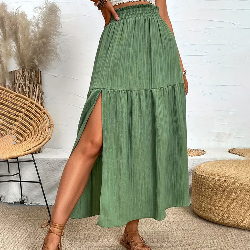 Solid Pleated Maxi Skirt with High Slit and Ruffled Waist