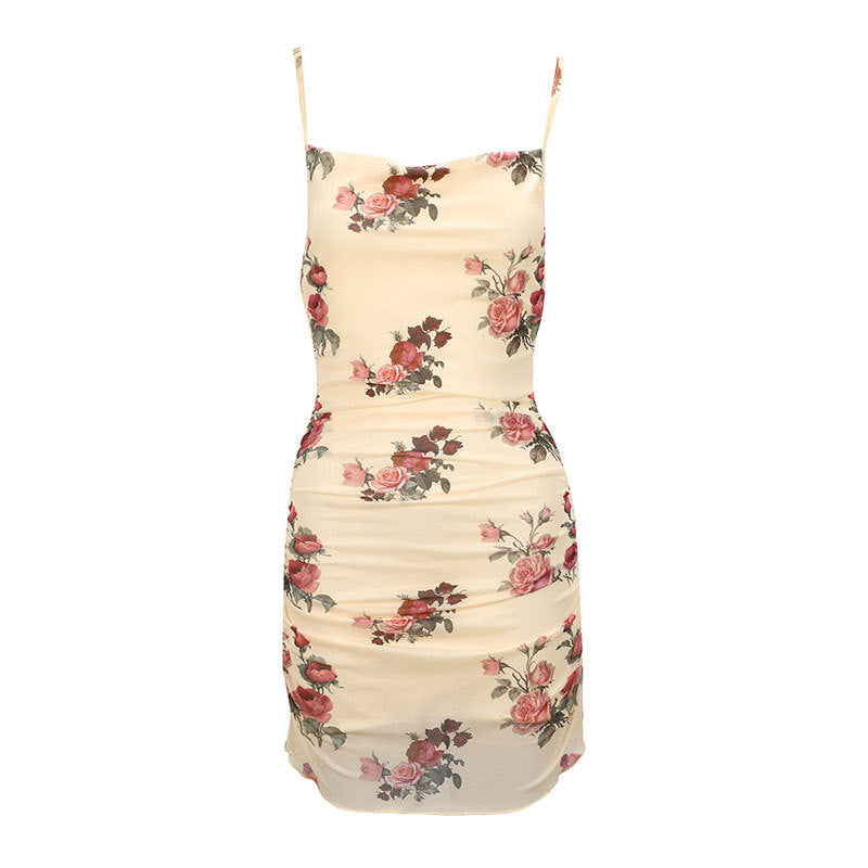 Rose Print Bodycon Mini Dress with Cowl Neck