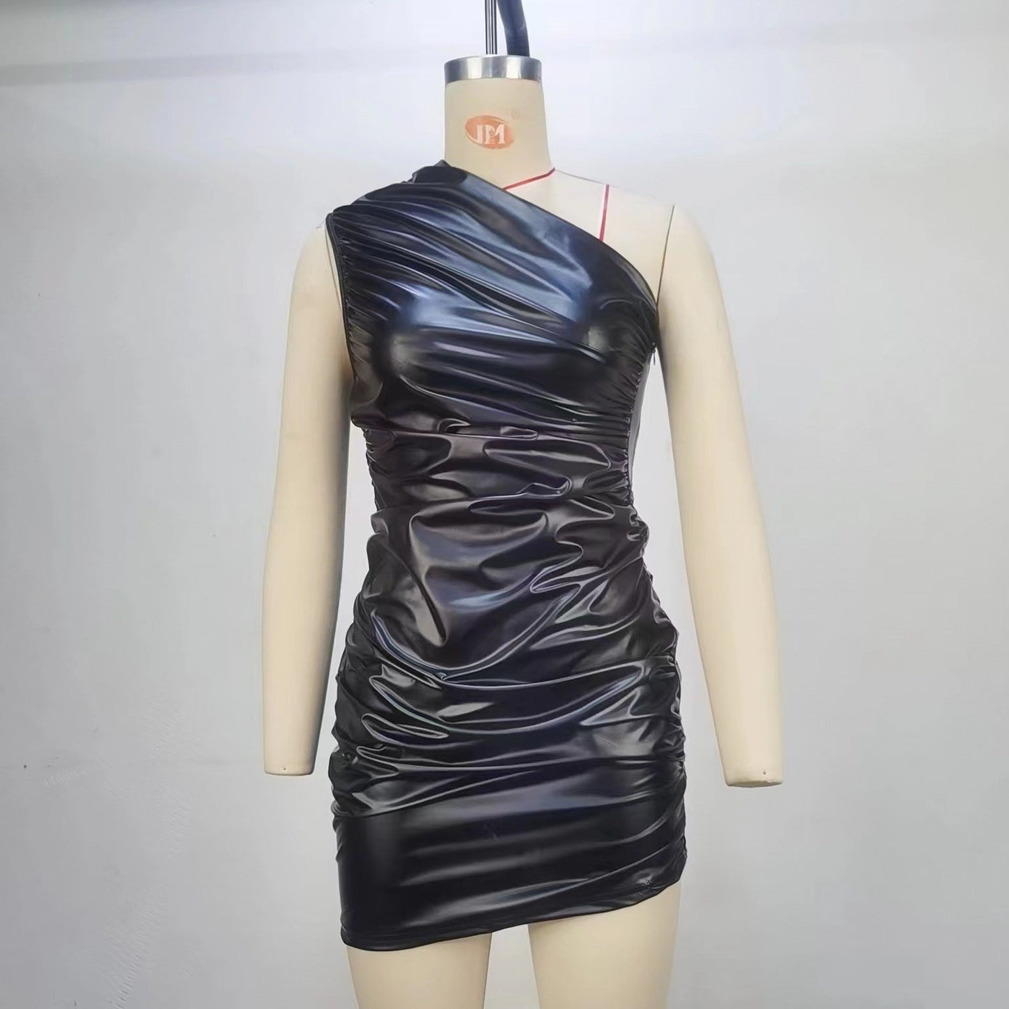 One-Shoulder Bodycon Mini Dress in Ruched PU Leather