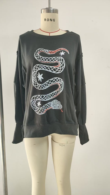 Loose Fit Graphic Pullover Sweatshirt with Balloon Sleeves