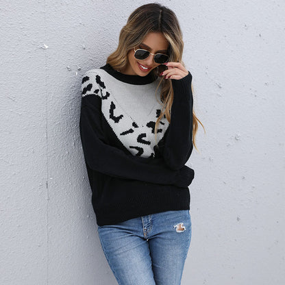 Leopard Print Color-Block Knit Sweater with Crewneck
