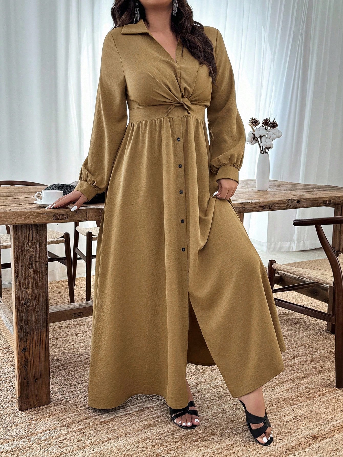 A-Line Maxi Shirt Dress with Twist Front and Button Detail
