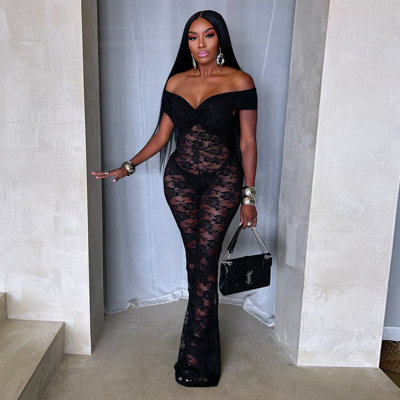 Lace Cut Out Sleeveless High Waist Jumpsuit Black