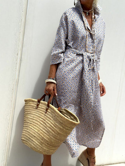 Geometric & Striped Shirt Dress with V-Neck and Half Sleeves