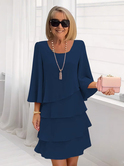 Tiered Dress with Round Neck and Three-Quarter Bell Sleeves