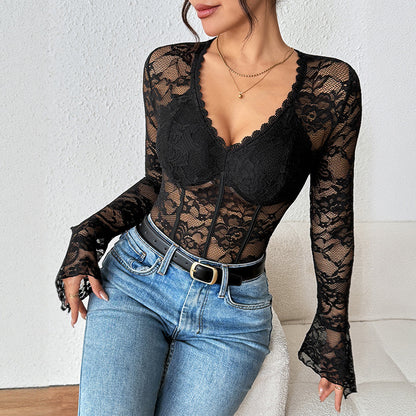 Lace Bodysuit with V-Neck and Bustier Detail