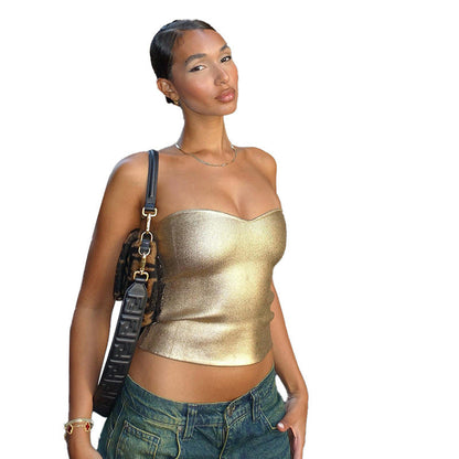 Metallic Gold Strapless Tube Top with Sweetheart Neckline