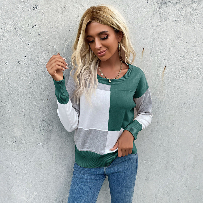 Contrast Color Patchwork Knitted Pullover with Round Neck