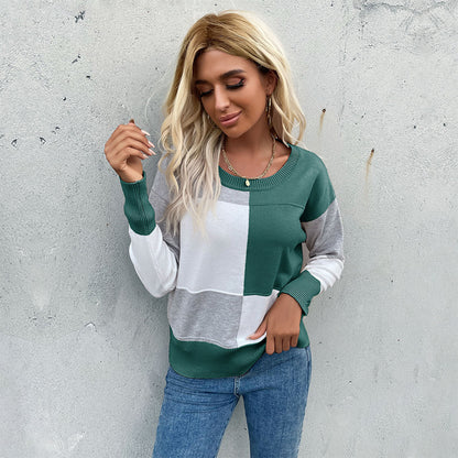 Contrast Color Patchwork Knitted Pullover with Round Neck