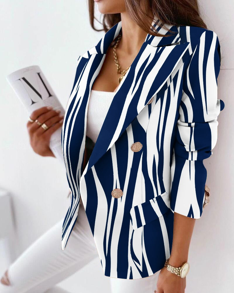Printed Double-Breasted Blazer with Long Sleeves
