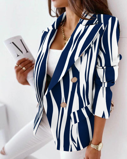 Printed Double-Breasted Blazer with Long Sleeves