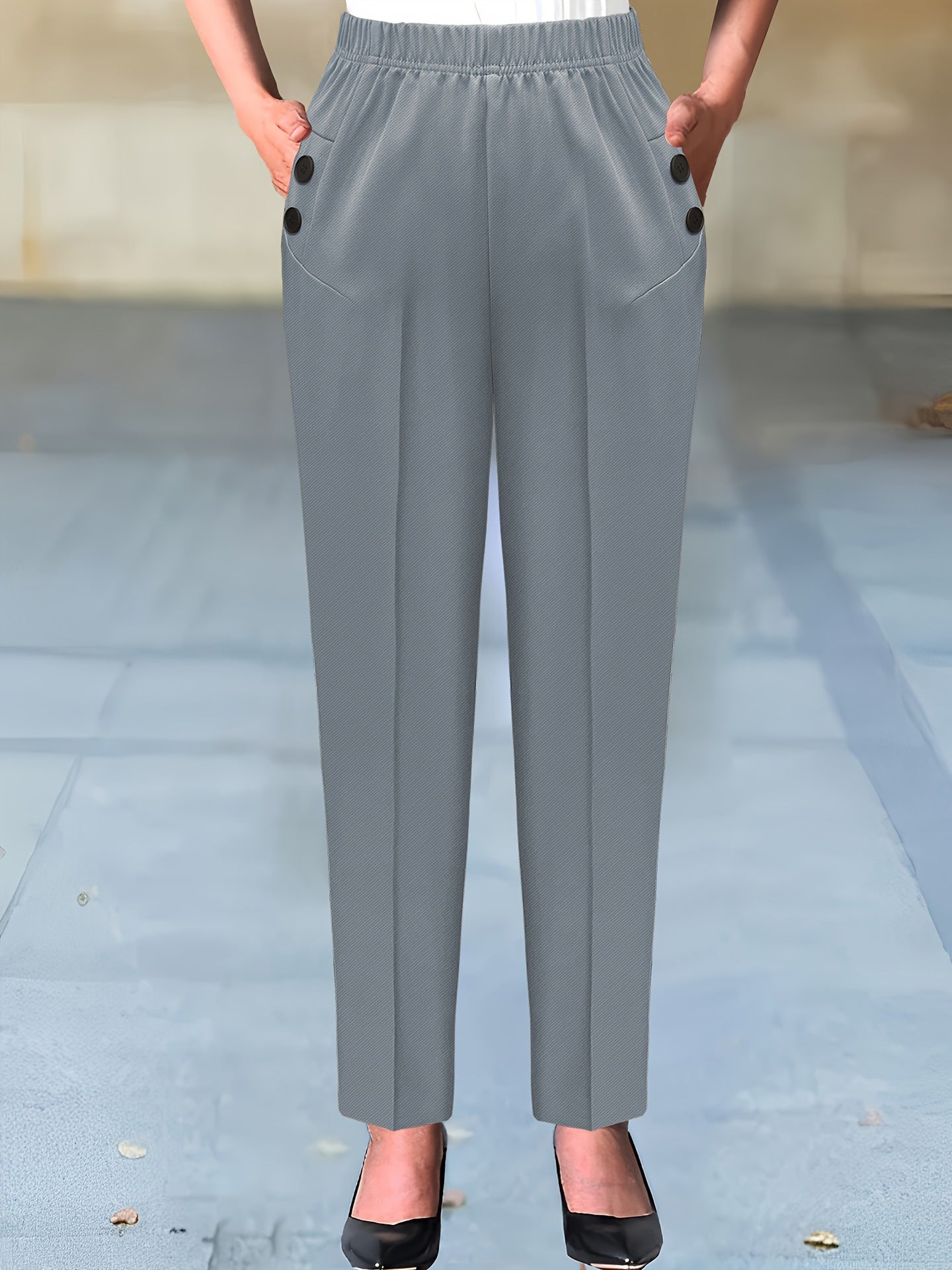 High-Waist Slim-Leg Trousers with Elastic Waistband and Buttons