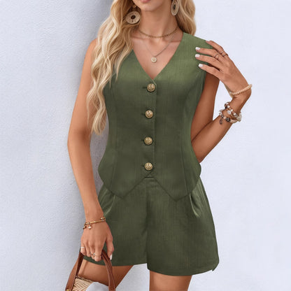 Solid Vest and Shorts Co-ord Set with V-Neck and Buttons
