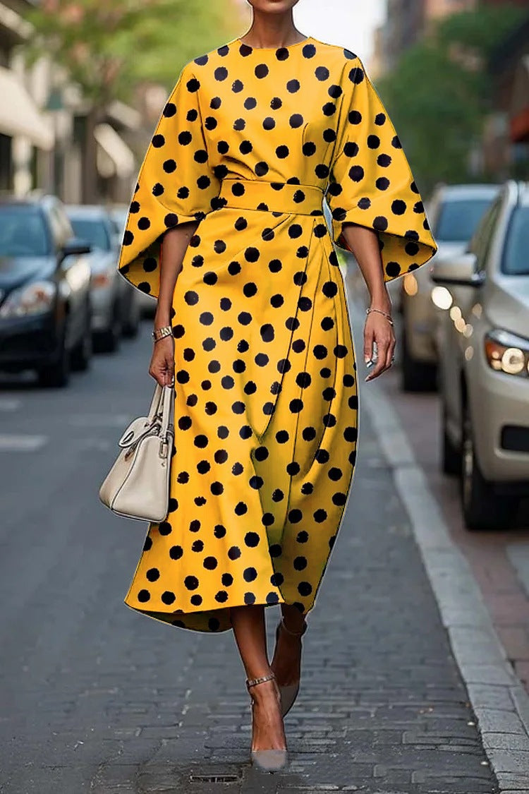 Printed Midi Dress with Three-Quarter Bat Sleeves