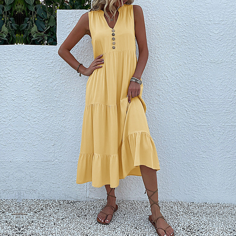 Solid A-Line Tiered Midi Dress with V-Neck and Sleeveless