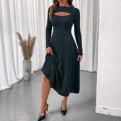 A-Line Ribbed Midi Dress with Chest Cutout