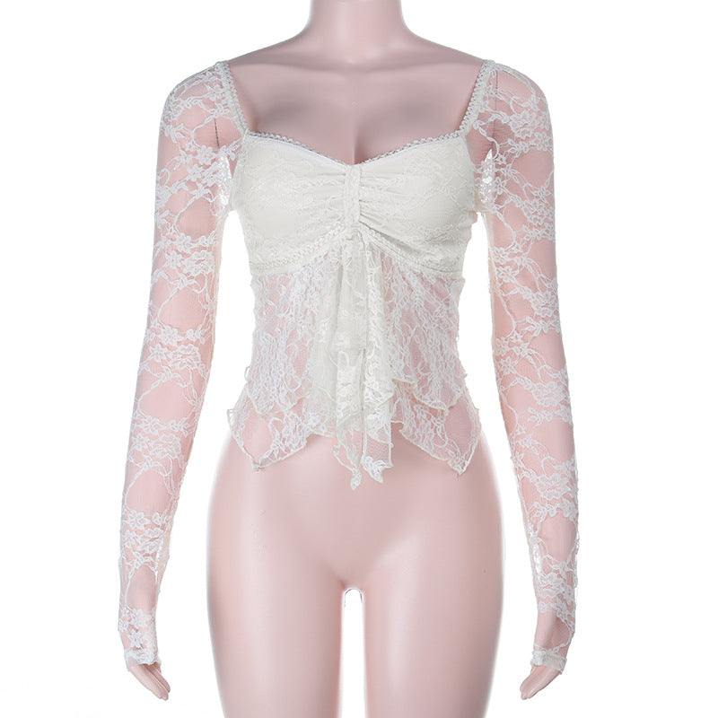 Long-Sleeved Lace Top with Sweetheart Neck and Ruffle Hem