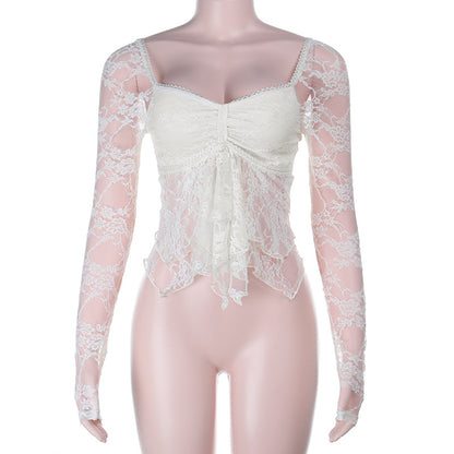 Long-Sleeved Lace Top with Sweetheart Neck and Ruffle Hem