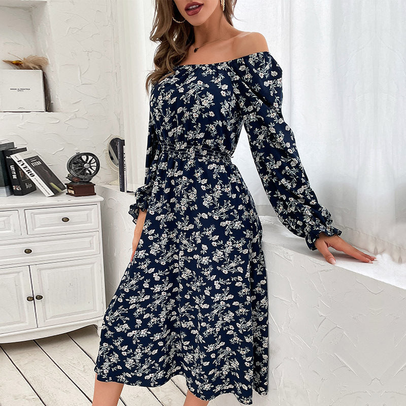 Floral A-Line Midi Dress with Square Neck and Long Sleeves
