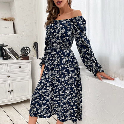 Floral A-Line Midi Dress with Square Neck and Long Sleeves