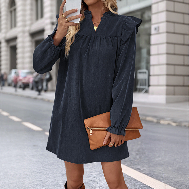 Solid A-Line Dress with Ruffled Stand Collar and Long Sleeves