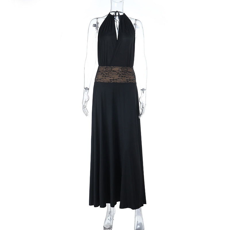 Halter Maxi Dress with Lace Waistband and High Slit