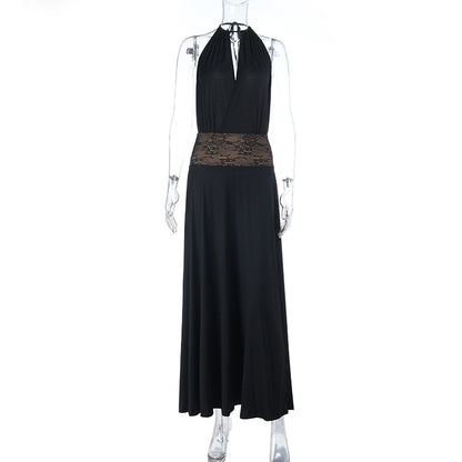 Halter Maxi Dress with Lace Waistband and High Slit