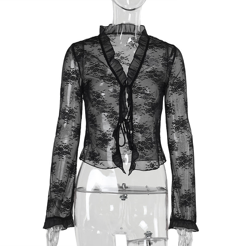 Sexy Lace Strap Cardigan Top Black