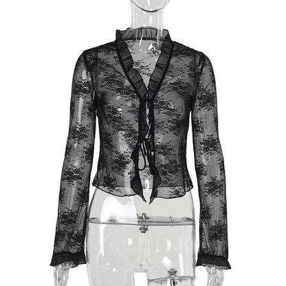 Sexy Lace Strap Cardigan Top Black