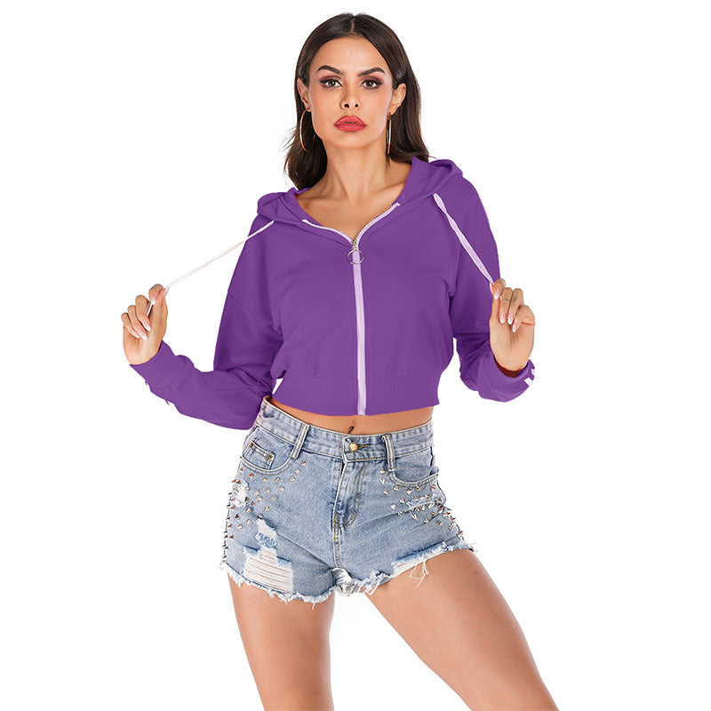 Solid Cropped Zip-Up Hoodie with Batwing Sleeves