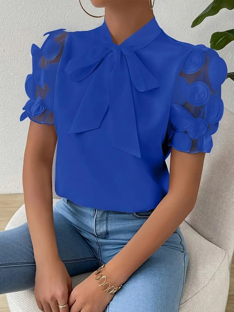 Solid Blouse with Pussy Bow Collar and Applique Puff Sleeves