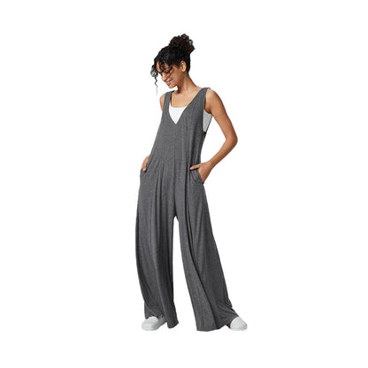 Wide-Leg Sleeveless Jumpsuit with Deep V-Neck and Pockets