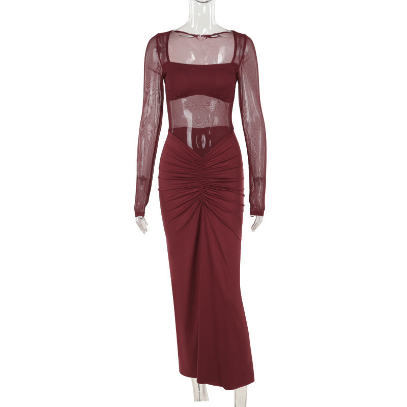 Ruched Bodycon Maxi Dress with Square Neck and Mesh Splicing