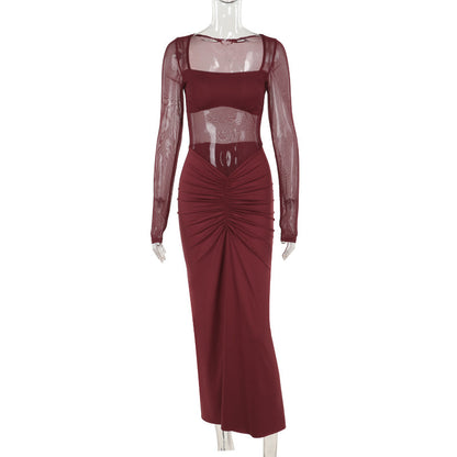 Ruched Bodycon Maxi Dress with Square Neck and Mesh Splicing