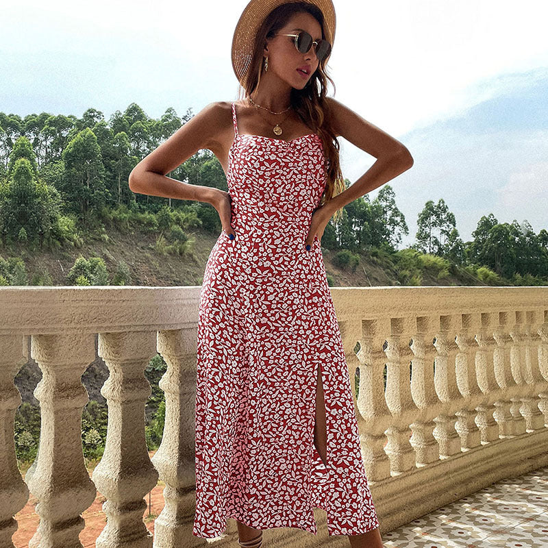 Floral A-Line Midi Dress with High Slit and Camisole Straps