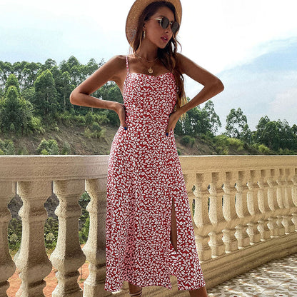 Floral A-Line Midi Dress with High Slit and Camisole Straps