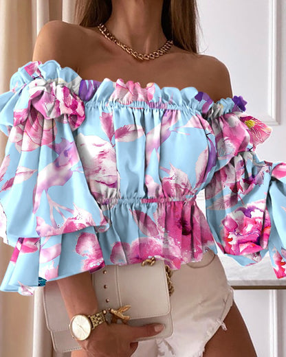 Printed Off-the-Shoulder Blouse with Peplum Hem