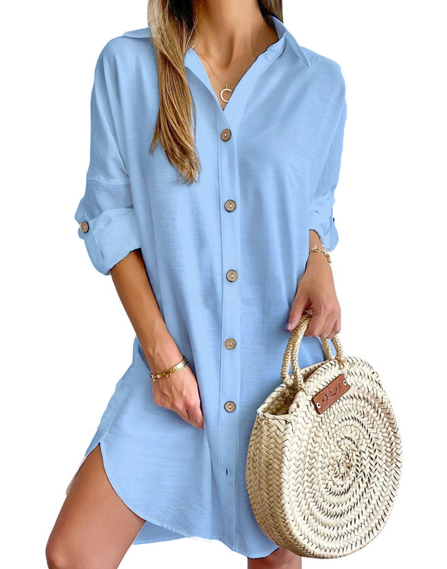 Oversized Shirt Dress with Lapel Collar and Roll-Tab Sleeves