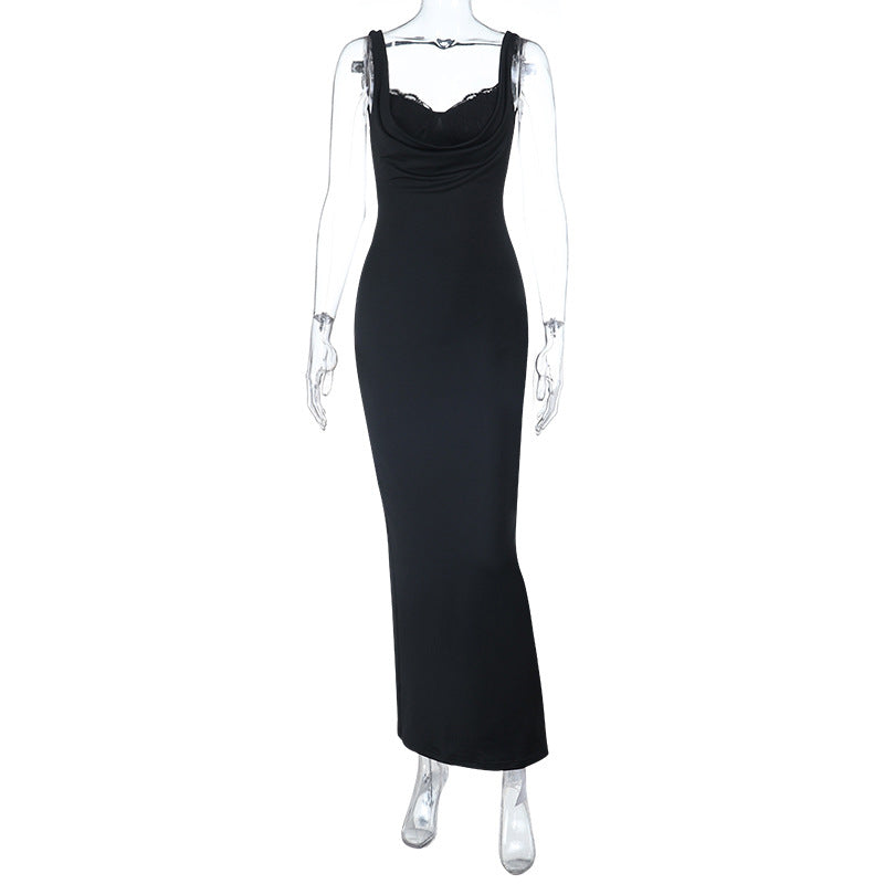 Bodycon Maxi Dress with Lace-Trimmed Cowl Neck