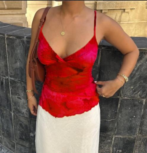 Floral Mesh Camisole with V-Neck and Tiered Ruffles